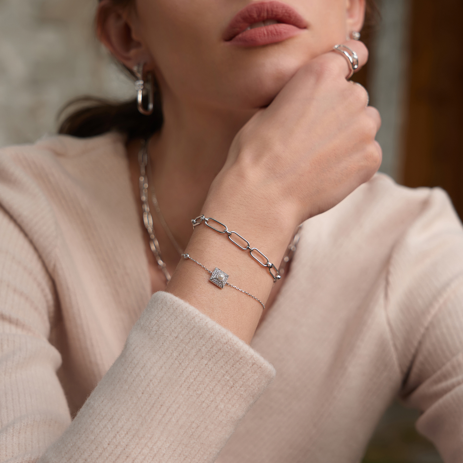 Silver Pearl Pave Bracelet M - Afbeelding 2